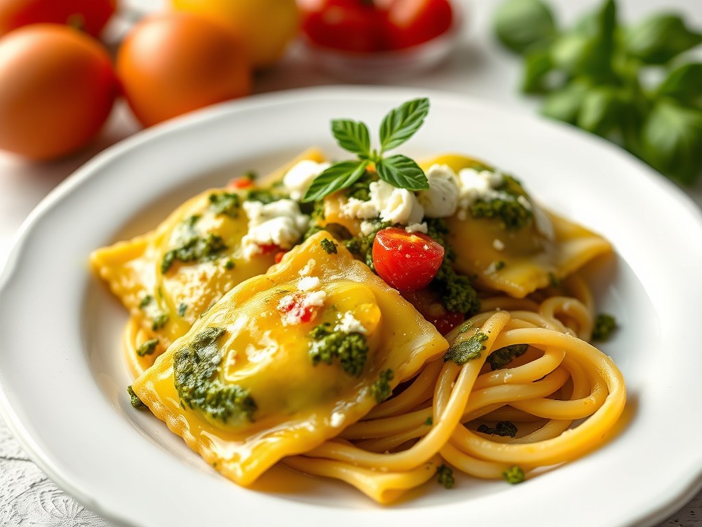 Ravioloni met pesto-ricottavulling, AI-gegenereerde illustratie