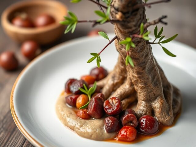 Ree met kastanjepuree en perenmousse