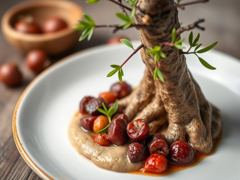Ree met kastanjepuree en perenmousse