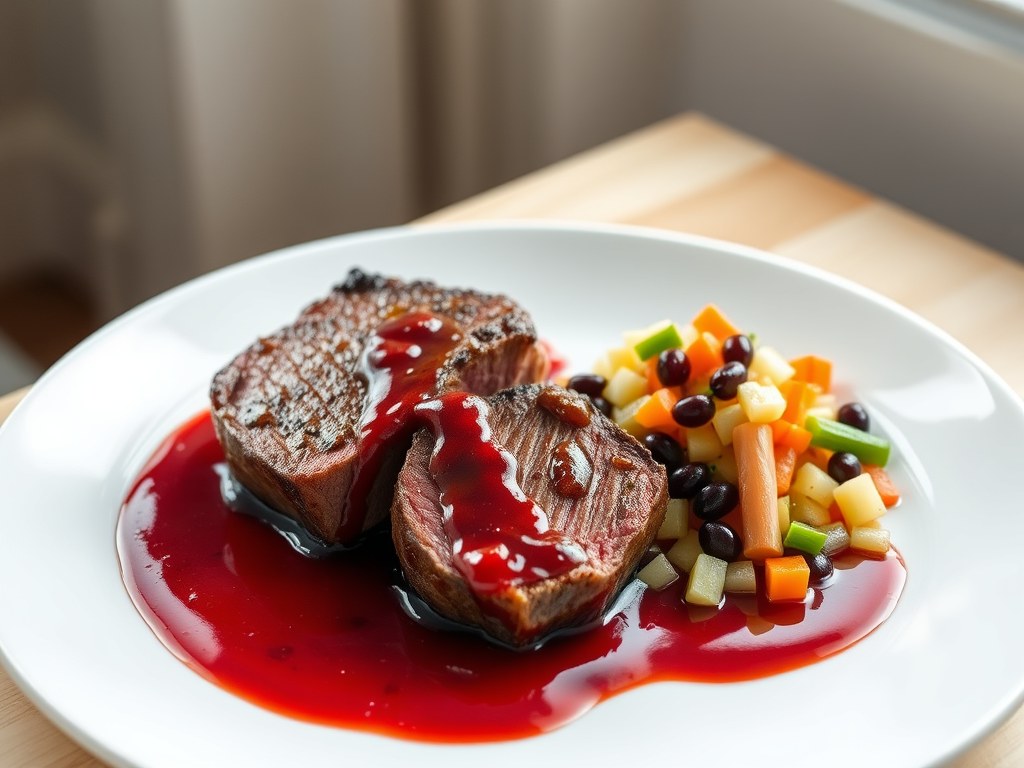 Ree-of hertebiefstukjes met rode bessensaus, AI-gegenereerde illustratie