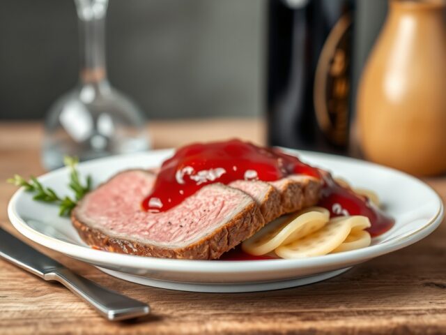 Reerugfilet met spruitjesstamp en rode portsaus — AI-gegenereerde illustratie