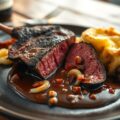 Rendiersteak met rodewijnsaus, spekjes en zilveruitjes