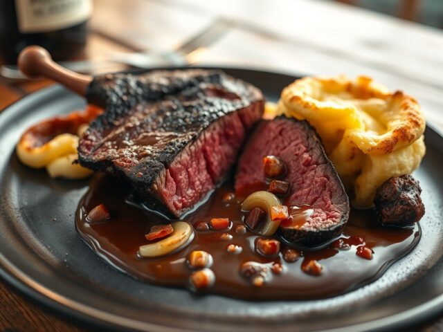 Rendiersteak met rodewijnsaus, spekjes en zilveruitjes
