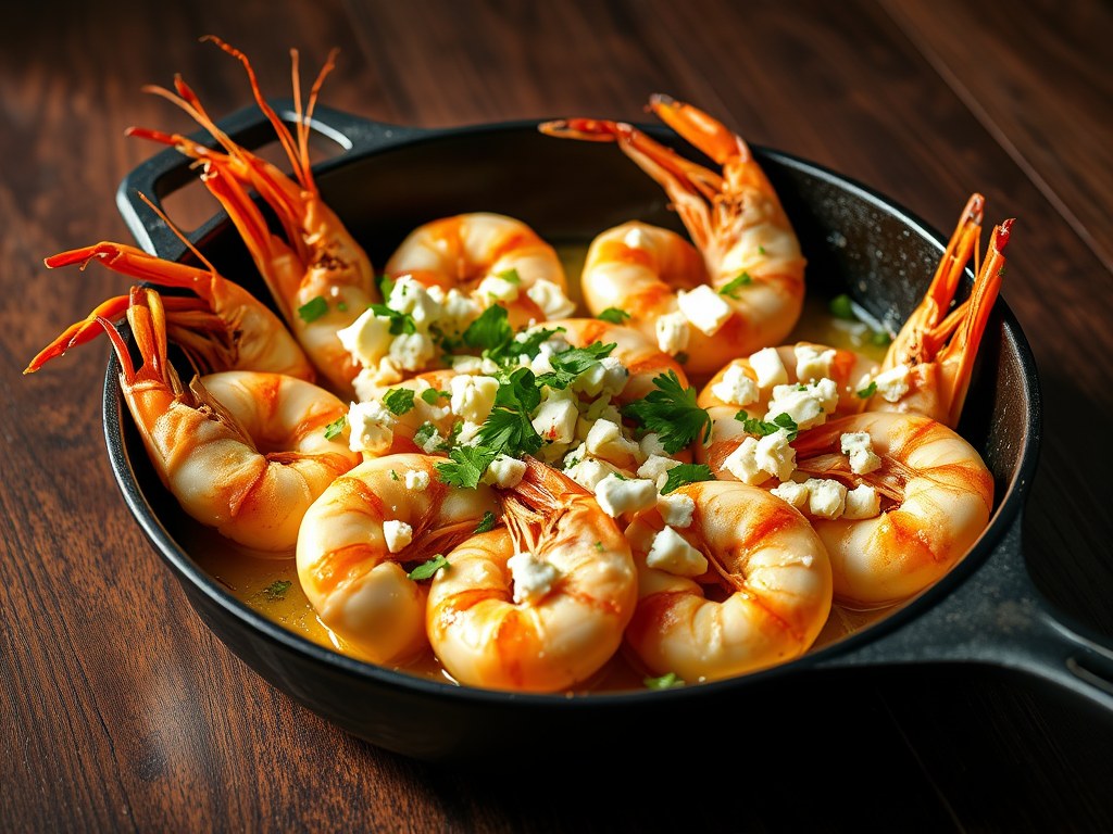 Reuzengarnalen met chili en feta, AI-gegenereerde illustratie