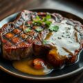 Rib-eye met mosterd-biersaus en gepofte sjalotjes