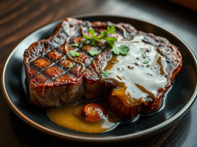 Rib-eye met mosterd-biersaus en gepofte sjalotjes