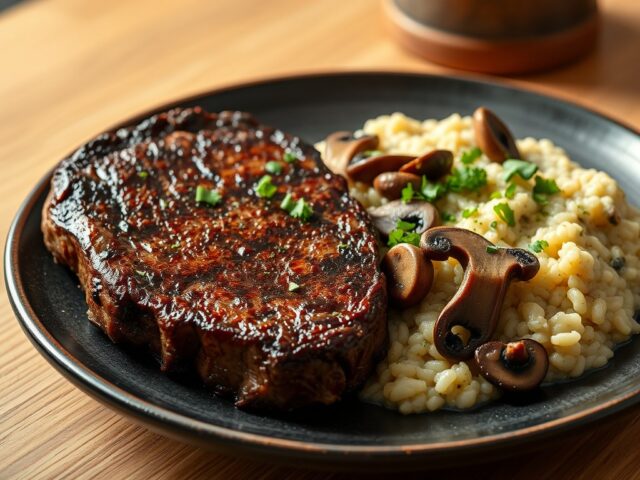 Ribeye met funghi porcini en aspergerisotto