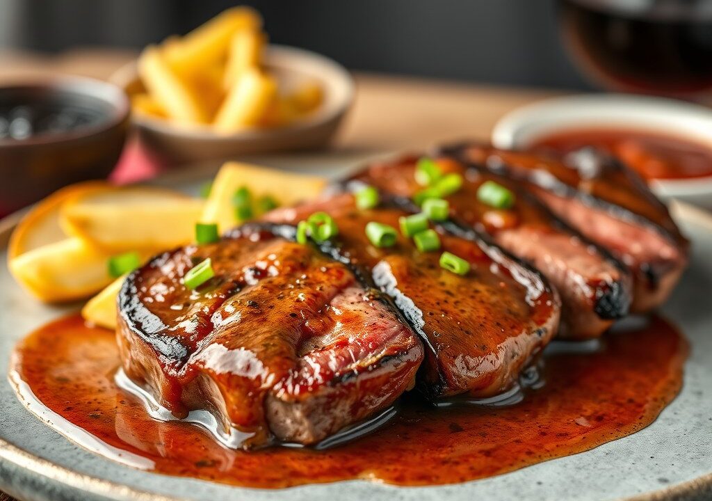 Ribeye met kersensaus, AI-gegenereerde illustratie