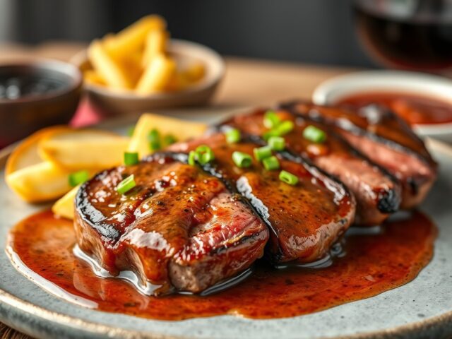 Ribeye met kersensaus — AI-gegenereerde illustratie