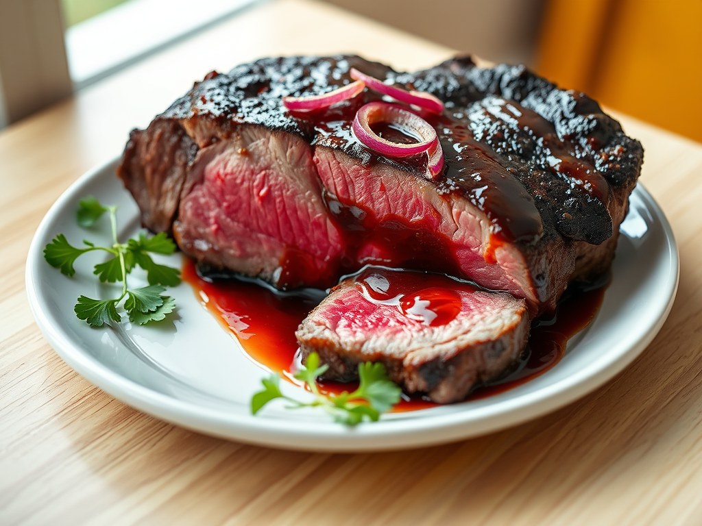 Ribstuk met rode wijnsaus, AI-gegenereerde illustratie