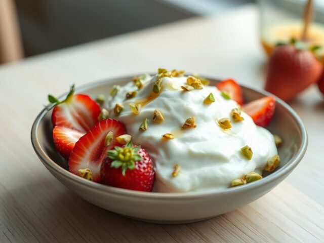 Ricotta met aardbeien en pistaches