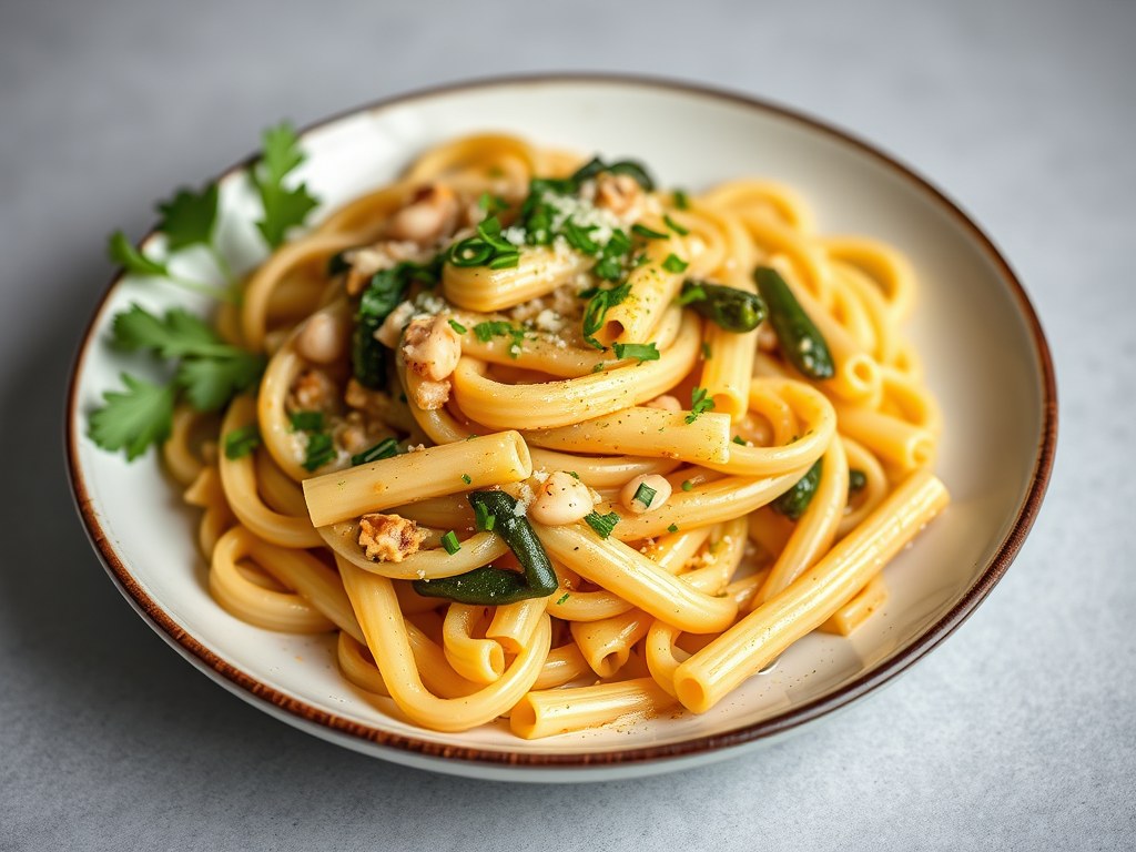Rigatoni met inktvis en tuinkruiden, AI-gegenereerde illustratie