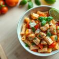 Rigatoni met pikante tomatensalsa, kip en limoen
