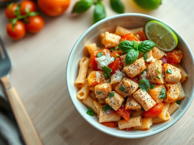 Rigatoni met pikante tomatensalsa, kip en limoen