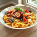 Rigatoni met ratatouille en sardines