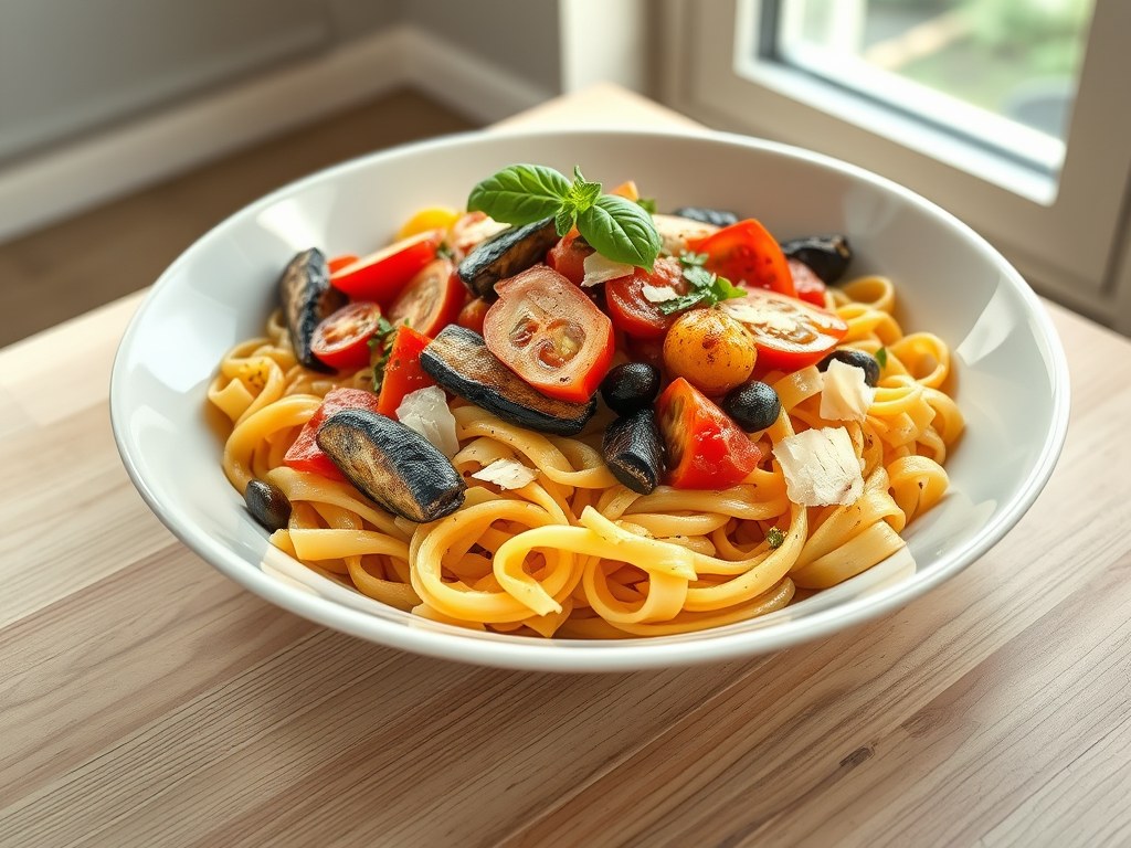 Rigatoni met ratatouille en sardines, AI-gegenereerde illustratie