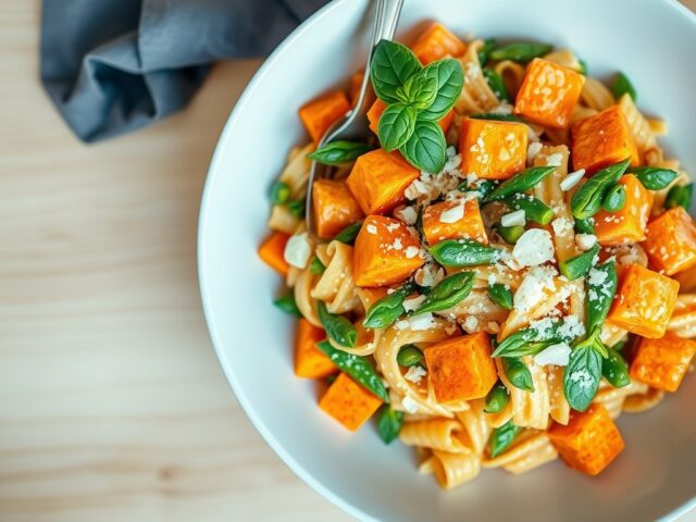 Rigatoni met zoete aardappeles en boontjes