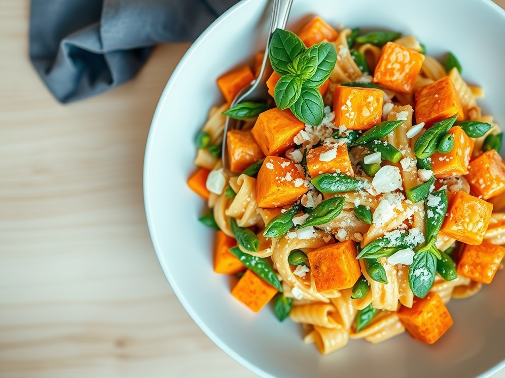 Rigatoni met zoete aardappeles en boontjes, AI-gegenereerde illustratie
