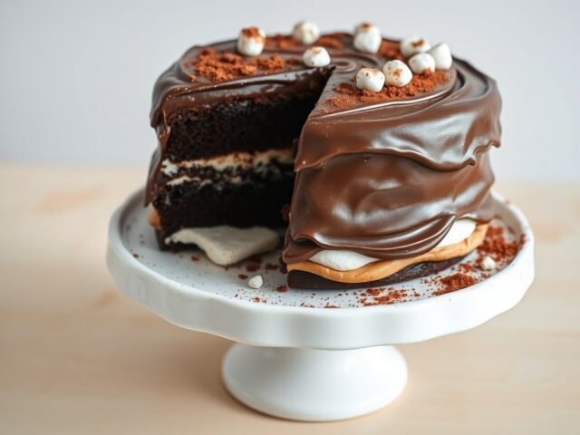 Rijk gevulde chocolade en marshmallow cake