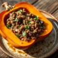 Rijk gevulde pompoen met rijst uit de oven