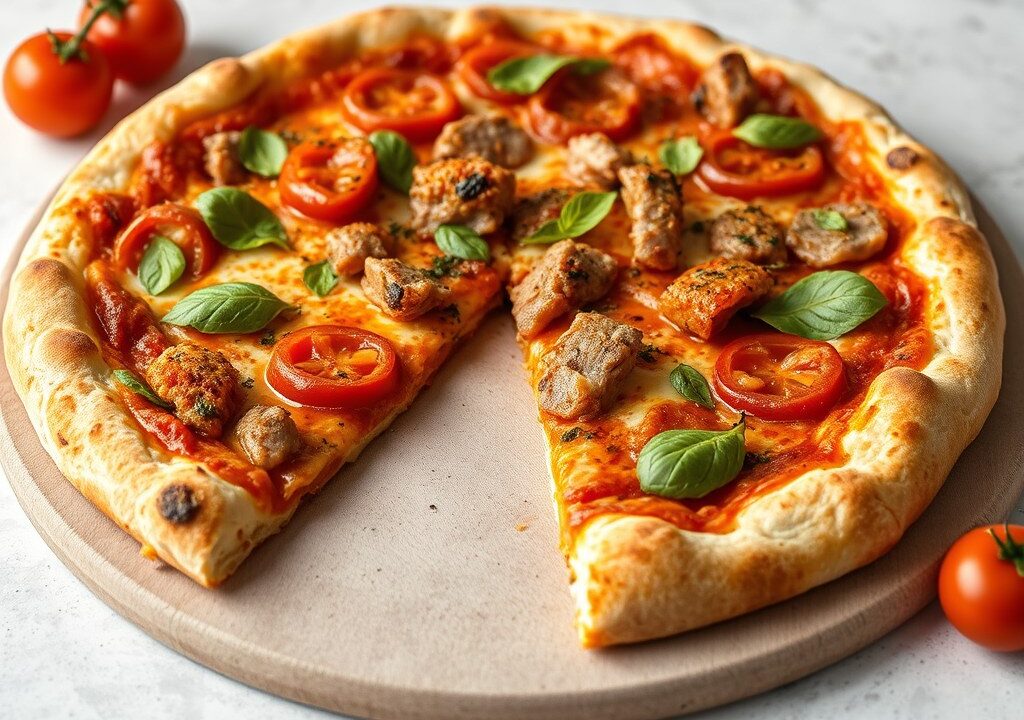 Rijkelijk belegde Megapizza (90 cm), AI-gegenereerde illustratie