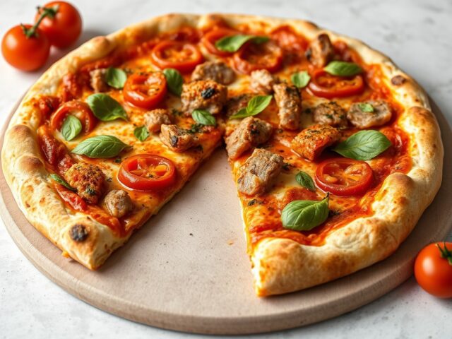 Rijkelijk belegde Megapizza (90 cm) — AI-gegenereerde illustratie