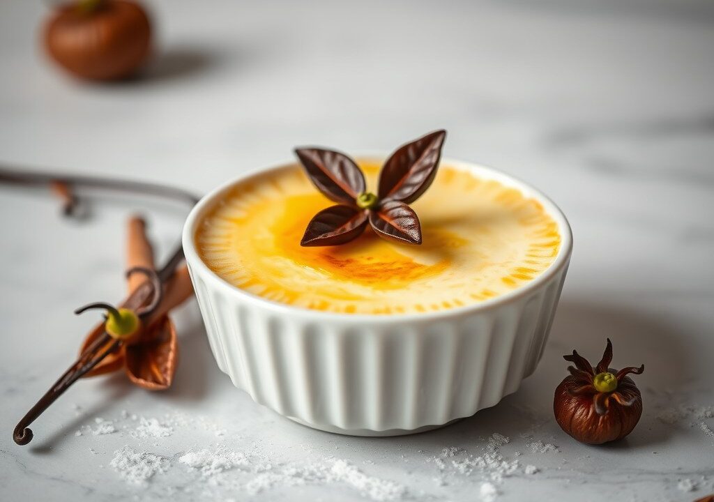 Rijst créme brulee, AI-gegenereerde illustratie