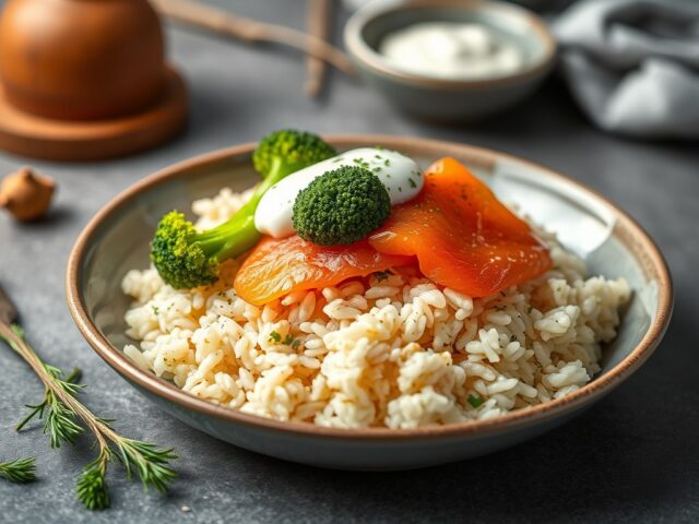 Rijst met crème fraîche en gerookte zalm — AI-gegenereerde illustratie