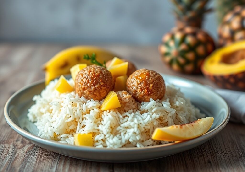 Rijst met gehaktballetjes met ananas, AI-gegenereerde illustratie