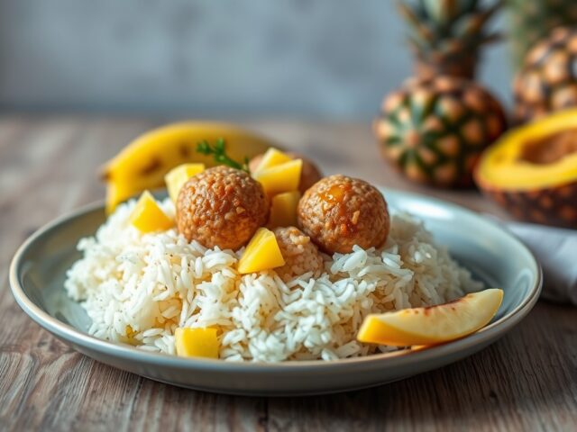 Rijst met gehaktballetjes met ananas — AI-gegenereerde illustratie