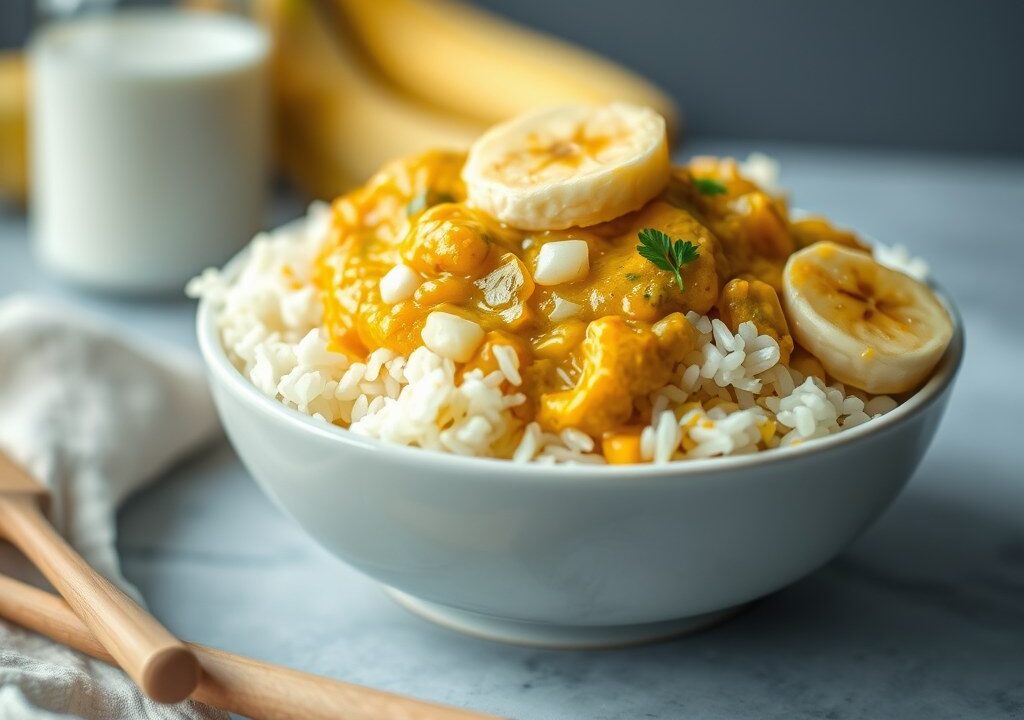 Rijst met kerriesaus en banaan, AI-gegenereerde illustratie