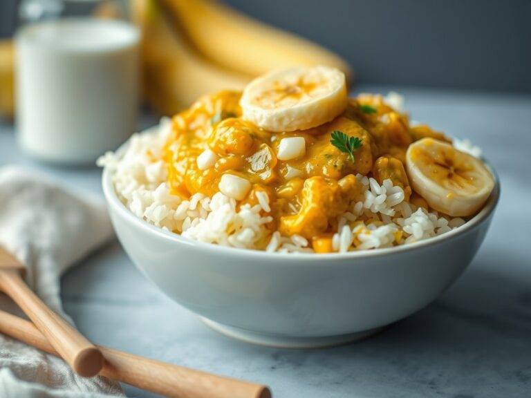 Rijst met kerriesaus en banaan