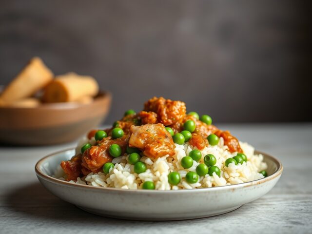Rijst met kippenragout en doperwten