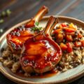 RIJST met Linzen,Varkenscarbonades in Sherry-Gastrique en Peperonata