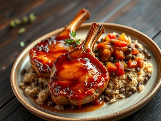 RIJST met Linzen,Varkenscarbonades in Sherry-Gastrique en Peperonata