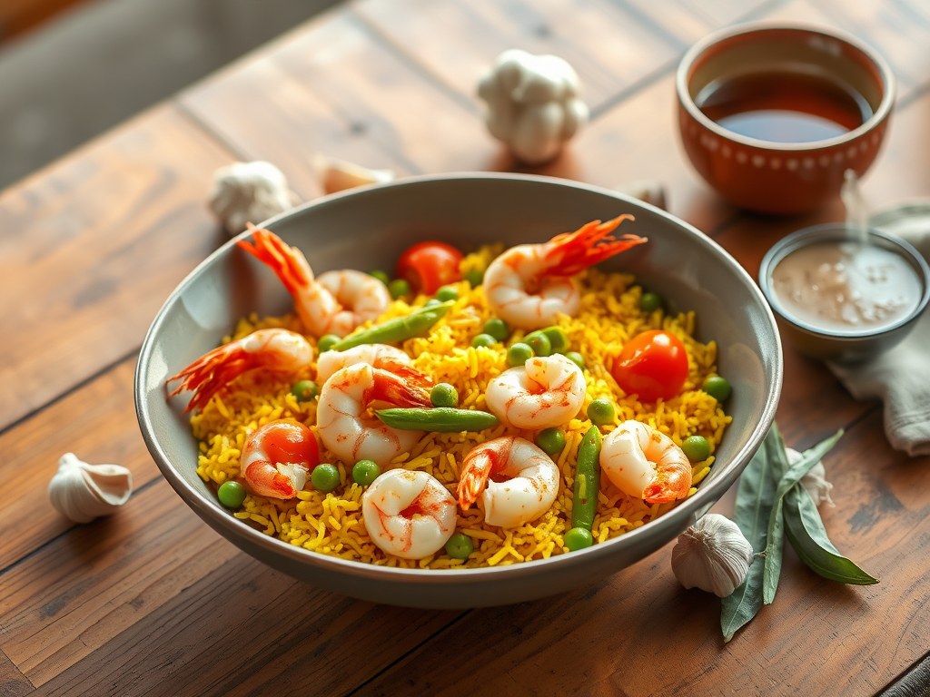 Rijst met scampi en peultjes, AI-gegenereerde illustratie