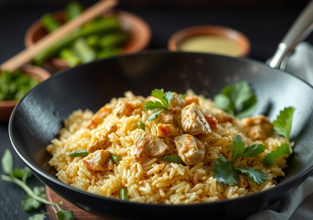 RIJST Thai Rice III met Kip en Groene Curry, AI-gegenereerde illustratie