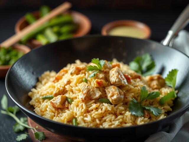 RIJST Thai Rice III met Kip en Groene Curry — AI-gegenereerde illustratie