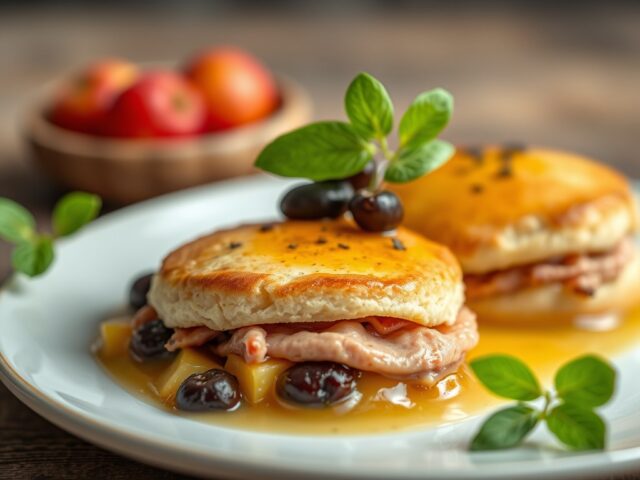 Rijstbavarois met pruimen in wijnsaus