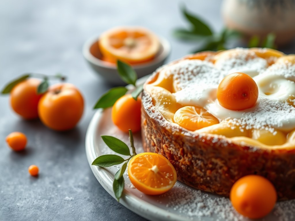 Rijstgebak met mandarijntjes en kumquats, AI-gegenereerde illustratie