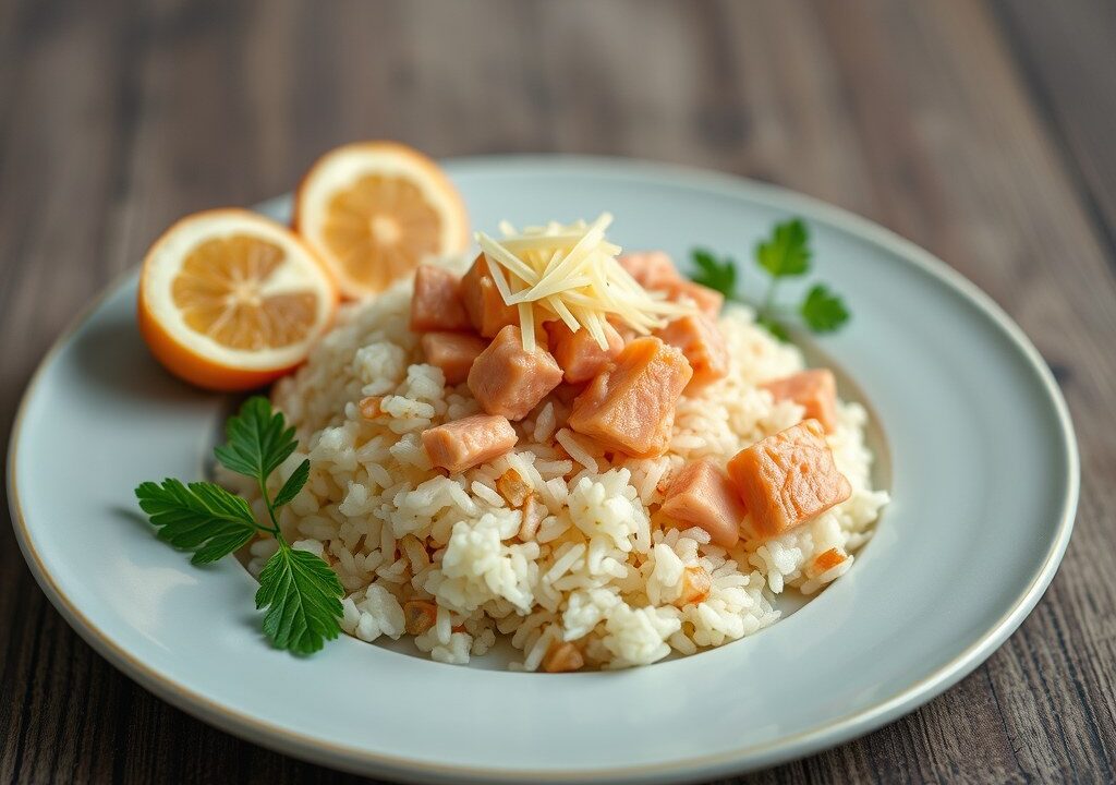 Rijstgerecht met tonijn of zalm (Aroos ku tuna), AI-gegenereerde illustratie