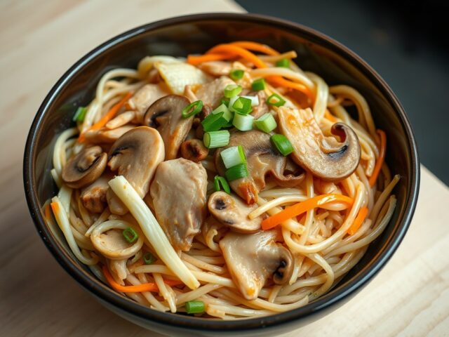 Rijstnoedels met kip en shiitake
