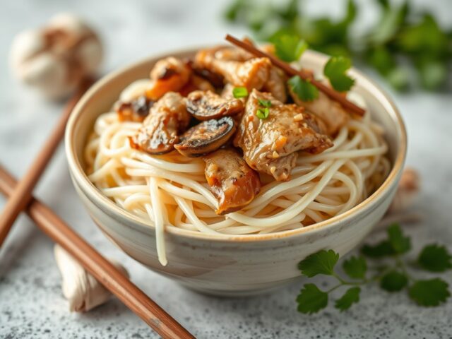 Rijstnoedels met kip en shiitake — AI-gegenereerde illustratie