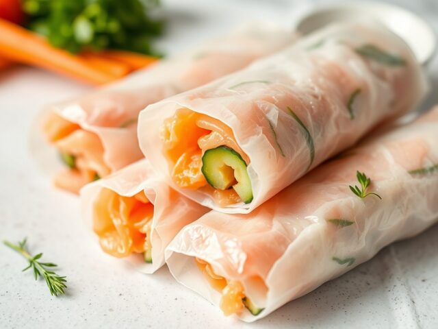 Rijstpapierrolletjes met gerookte zalm.