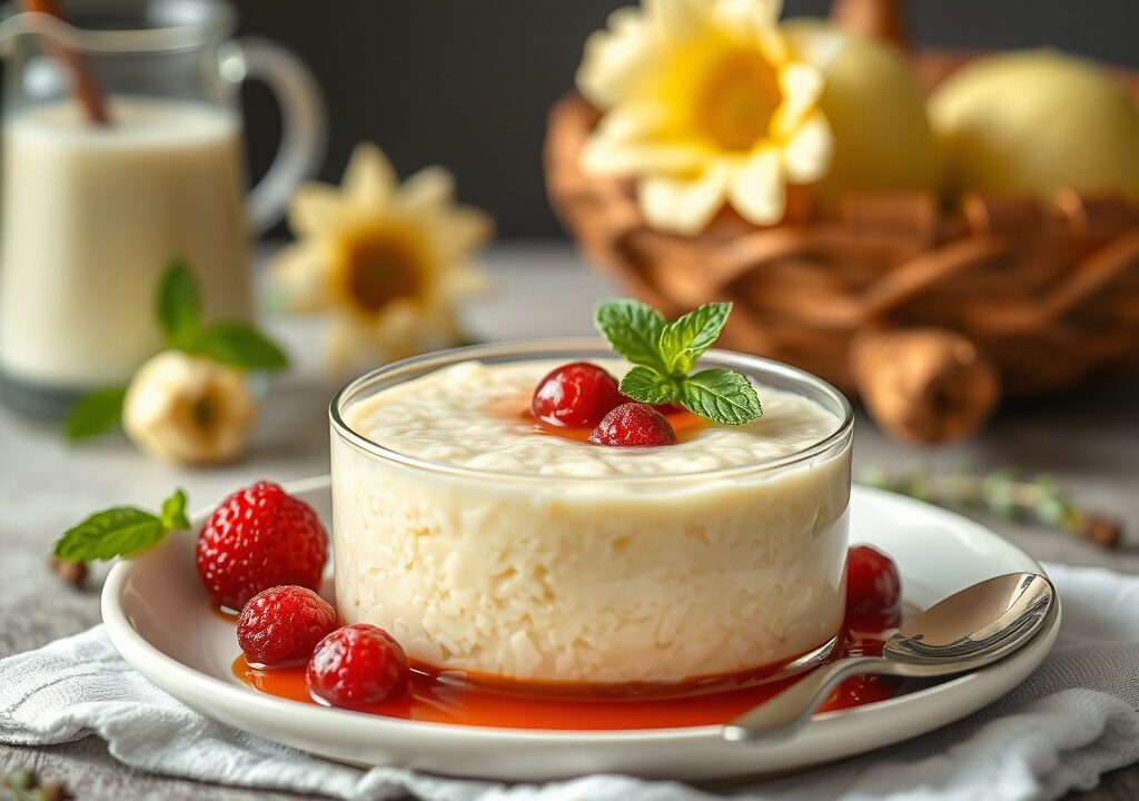 Rijstpudding met rumrozijnen, AI-gegenereerde illustratie