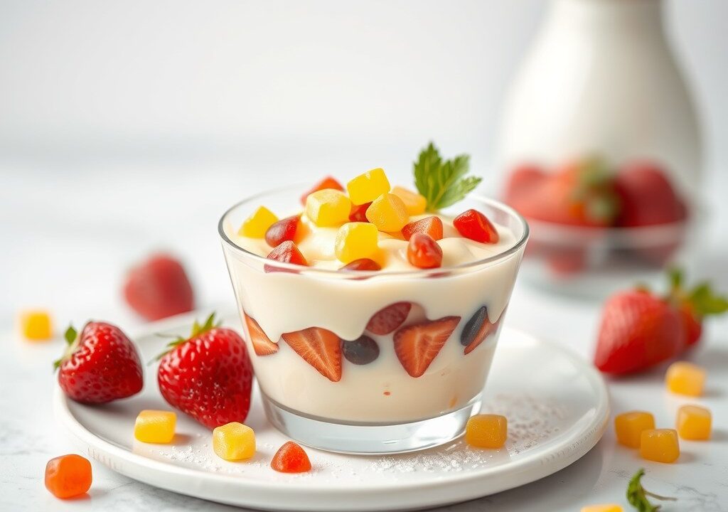 Rijstpudding met tutti-frutti, AI-gegenereerde illustratie