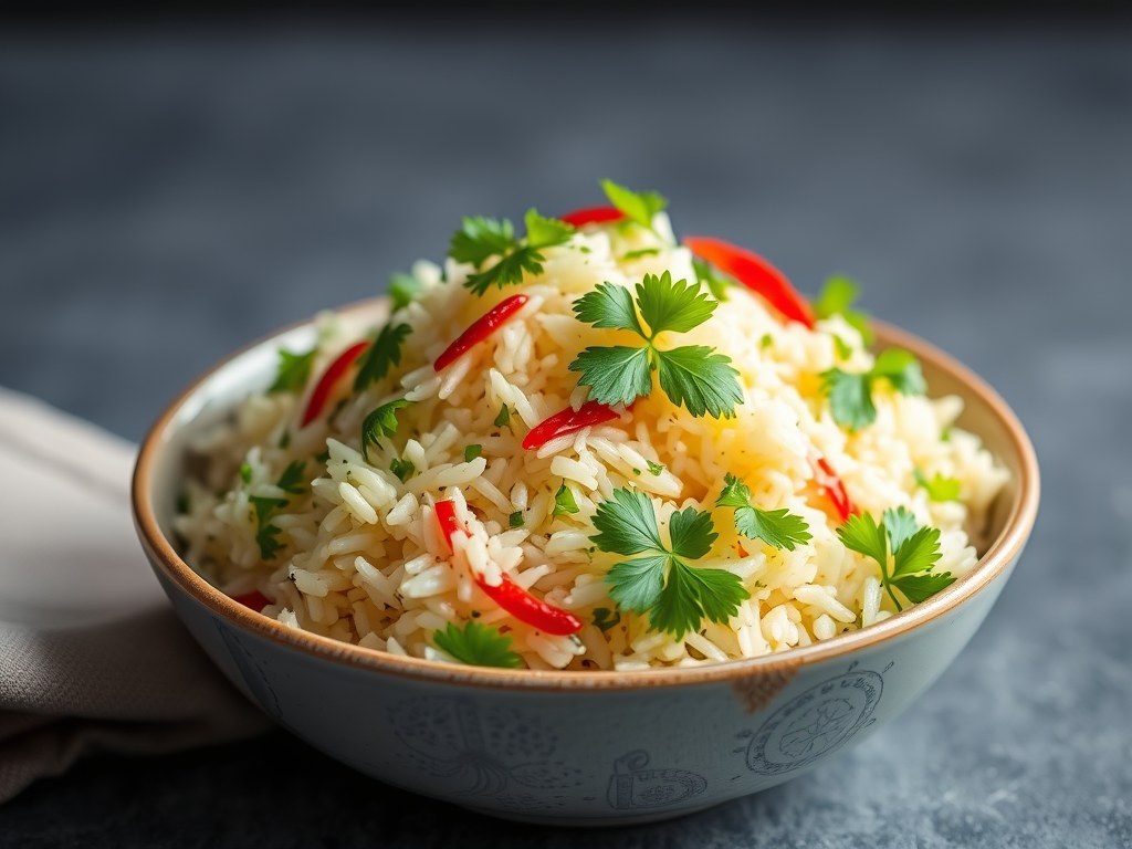 Rijstsalade met koriander, AI-gegenereerde illustratie