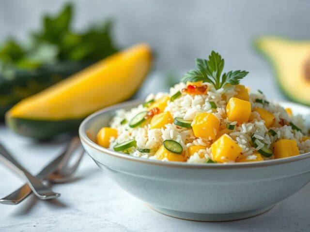 Rijstsalade met rosbief, mango en komkommer