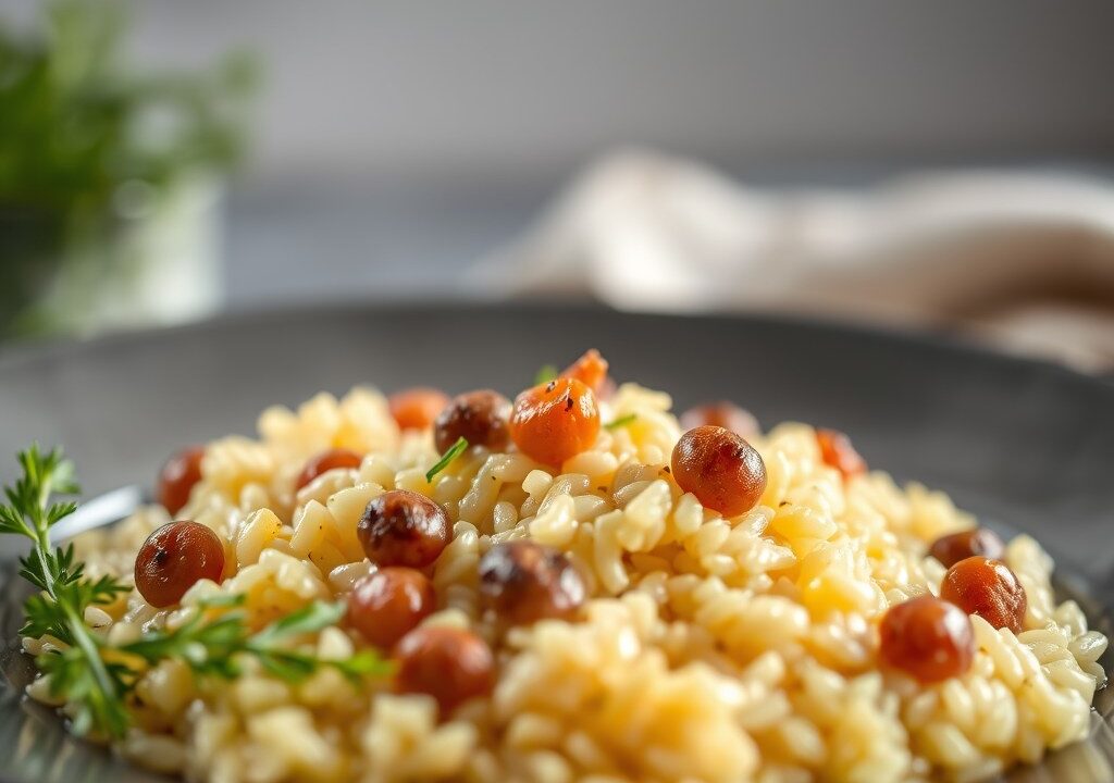 Risi e bisi (risotto met erwtjes), AI-gegenereerde illustratie