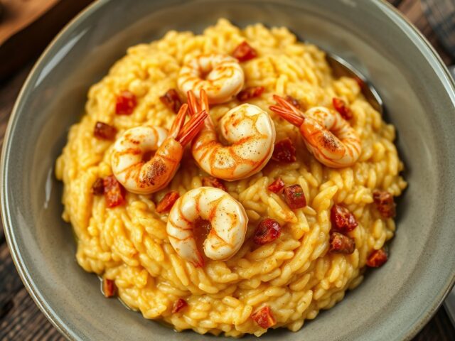 Risoto met scampi’s en parelhoen